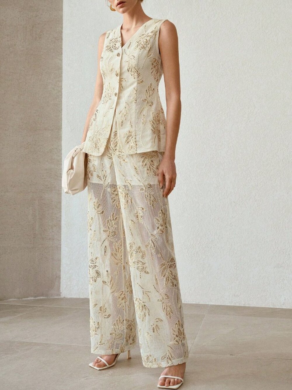 Apricot Casual Women's Premium sequin Embroidered Wide Leg Relaxed Fit Pants